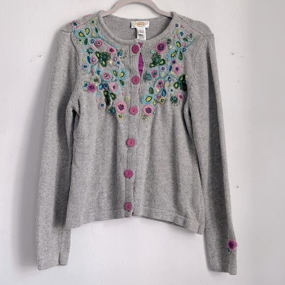 Talbots flower embroidered button up crewneck grannycore knit sweater cardigan L